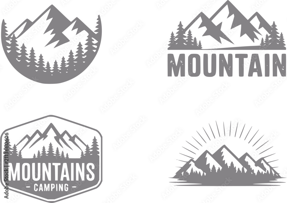 Fototapeta premium Conjunto de cuatro insignias de aventura en la montaña y el bosque de estilo vintage para branding de camping y senderismo