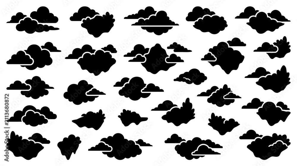 Fototapeta premium Black cloud silhouette icons set, 28 flat weather vector elements, dark storm and cumulus cloud shapes for infographic design