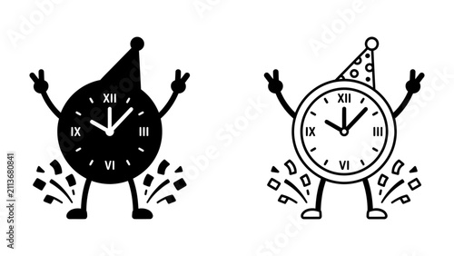 фотографія Celebration Time: Two anthropomorphic clocks, one black and white, wearing party hats and making victory signs, celebrate the New Year with confetti and festive spirit