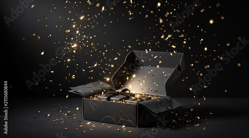 A Gift of Sparkle: An open, dark box reveals a treasure trove of golden, glittering particles, floating upwards against a shadowy background, evoking wonder and mystery.