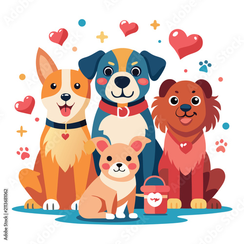 Happy group of cute dogs together with heart symbols friendship illustration dogsitting doglovers colorful whimsical domestic kindness