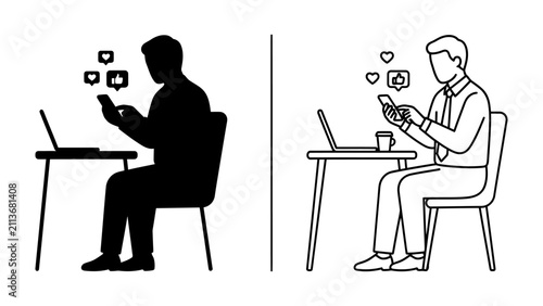 Fotografie Digital Engagement Dichotomy: A man in silhouette and another man in outline engage with their smartphones at a desk, surrounded by social media icons