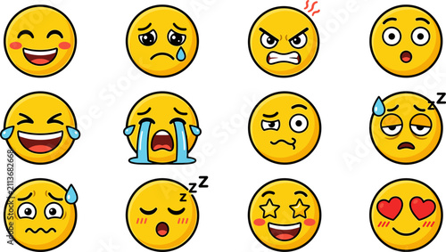 Foto Large Vector Grid Collection of Cute Yellow Emoji Icons Showing Diverse Kawaii F