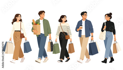 Group of diverse young people carrying shopping bags isolated on transparent background