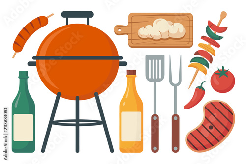 Foto Conjunto de equipo de barbacoa, carne, verduras y condimentos para cocinar al ai