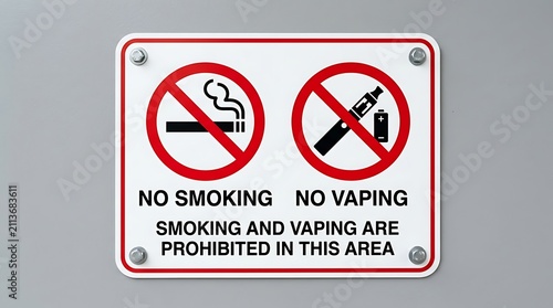 No smoking and vaping sign on metal plate. Prohibition notice for cigarettes and e-cigarettes in public areas.