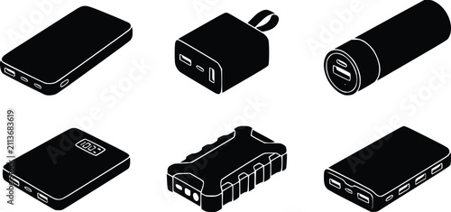 Set of black silhouette icons of portable power banks and external battery chargers for mobile devices isolated on white background