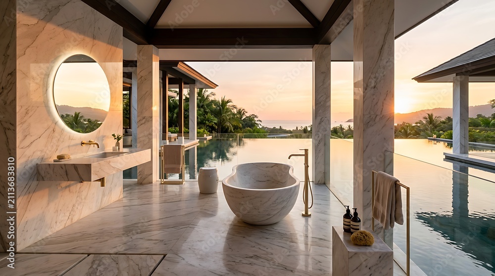 Fototapeta premium Bathroom suite features a circular backlit mirror and a stone bathtub placed on a marble floor near an infinity pool.