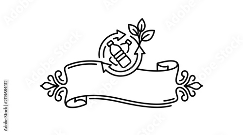 Corporate Black and White Line Art of Recycling and Growth with Ribbon Banner and Floral Accents