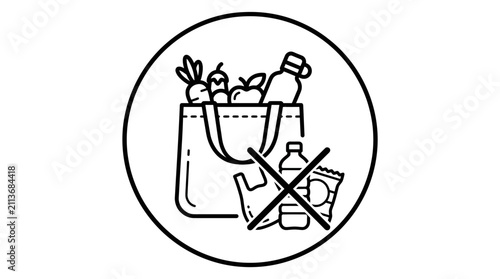 Creative Black and White Shopping Bag Icon with Fresh Produce and Forbidden Packaged Goods with high quality professional line art symbols for modern creative design and digital branding projects