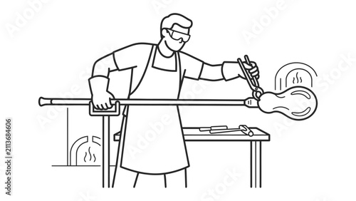 Foto Glassblower at Work: A craftsman, wearing protective gear, skillfully shapes molten glass on a blowpipe, creating an artistic piece