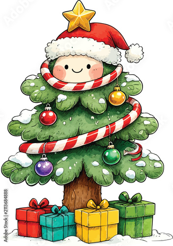 Watercolor christmas tree with gifts and candy cane festive holiday illustration fir evergreen conifer seasonal