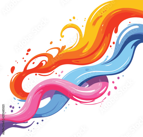 Colorful wave pattern with dynamic curves and splashes on a white background fluid flow design