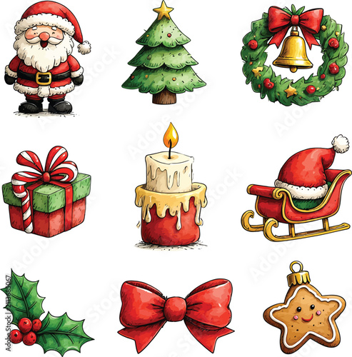 Christmas Decorations Collection Watercolor Style Illustrations On A White Background holiday festive winter seasonal ornaments