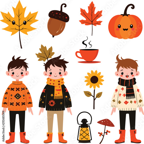 Autumn Illustration Featuring Maple Leaves Acorn Pumpkin Children And Seasonal Elements fall season leaf acer