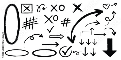 Foto Hand drawn black marker arrows checkmarks crosses and geometric highlight elements collection design vector illustration