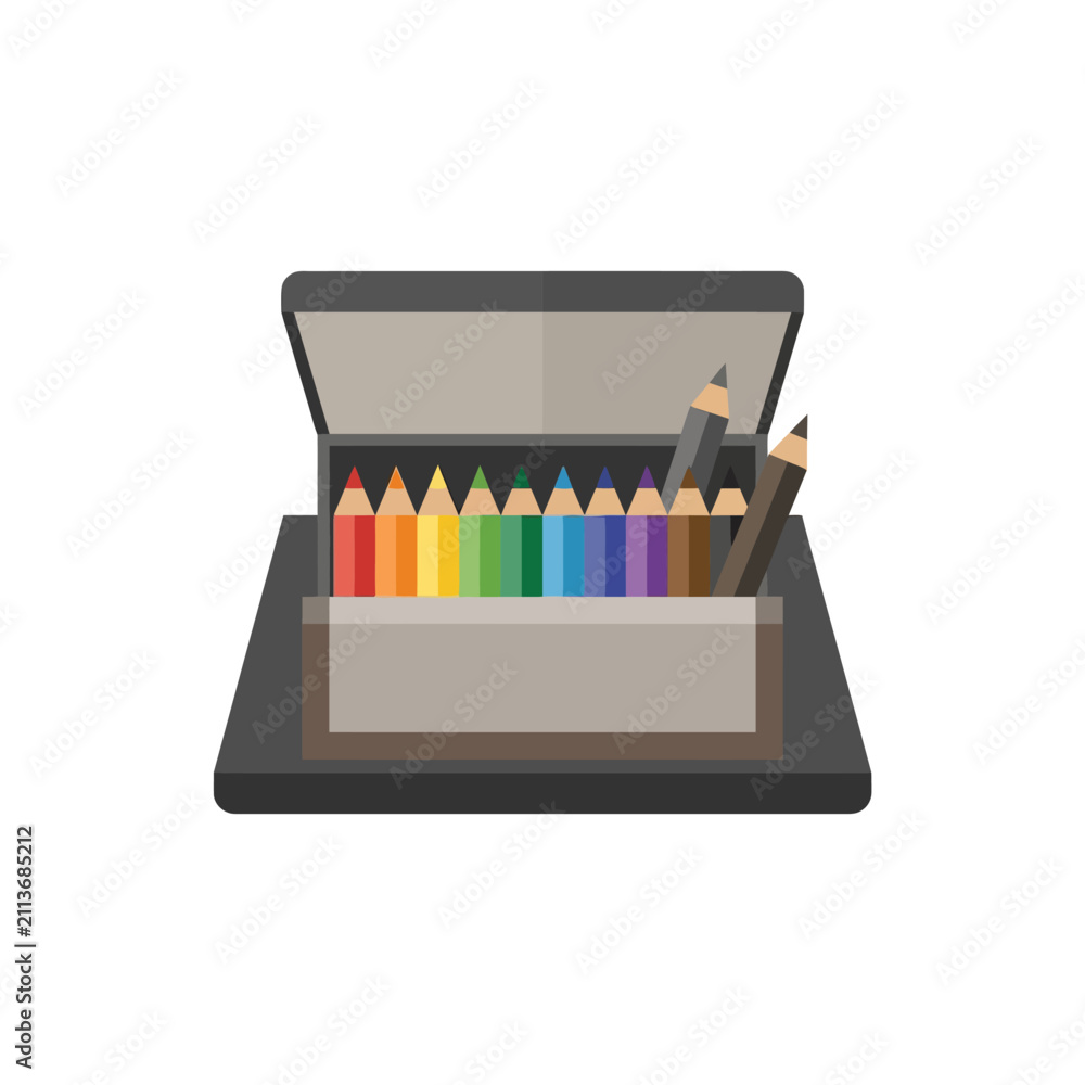 Fototapeta premium Colored pencils in open stationary desk box