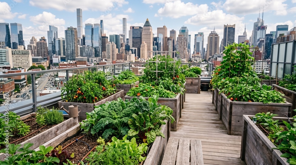 Fototapeta premium Urban rooftop garden with fresh vegetable harvest. Sustainable city farming on modern skyscraper terrace with panoramic view.