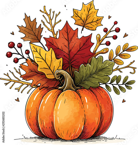 Pumpkin with autumn leaves and berries a colorful vector illustration on a white background fall