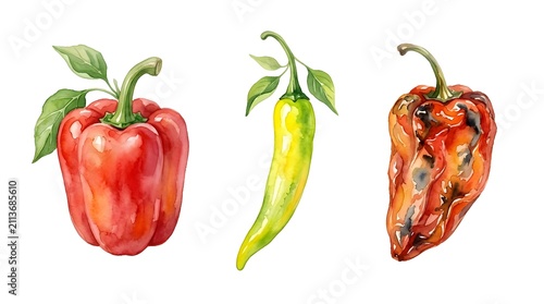 A still life watercolor painting showcasing three different chili peppers: a red bell pepper, a green jalapeño, and a dried, shriveled pepper. The contrast highlights freshness and decay.