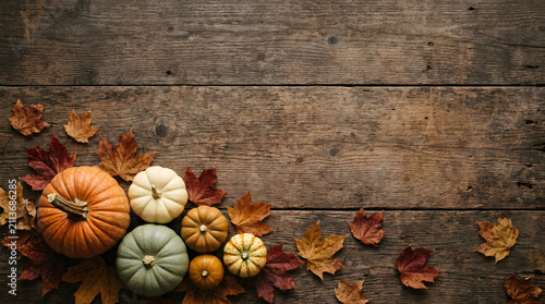 Rustic thanksgiving background featuring a collection of colorful pumpkins and autumn leaves arranged on a weathered dark wooden table with copy space