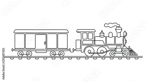 Foto Line drawing of a steam train with railcar on white background