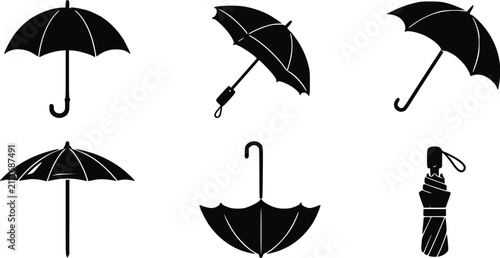 Bild auf Leinwand Set of black umbrella silhouettes for rainy weather protection isolated on a pla