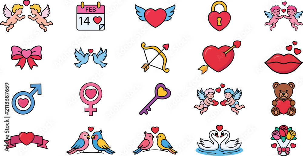 Obraz premium Cute Valentine's Day flat line vector icon set. Collection of love and romance symbols. 