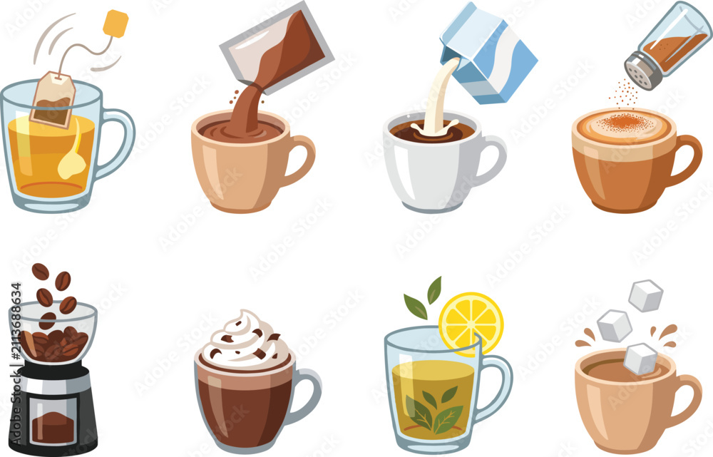 Fototapeta premium Hot Beverage Preparation Line Art Color Vector Set Featuring Tea Coffee Hot Chocolate and Drink Making Icons