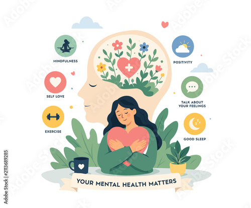 
Illustration in vector style, that presents Mental Wellness and Self Love Concept.

