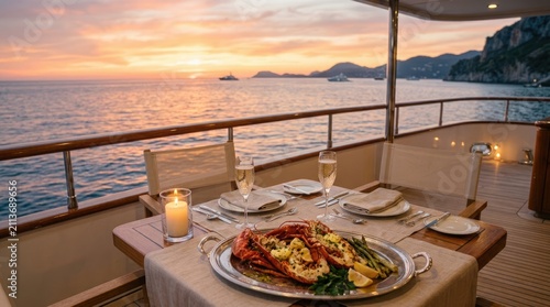 Luxury yacht dinner at sunset, elegant seafood dining table on a private boat deck, romantic evening cruise with lobster and champagne