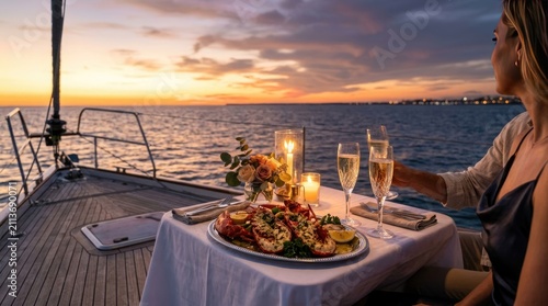 Romantic sunset dinner on luxury yacht, elegant seafood meal with lobster and champagne at sea, couple enjoying private sailing vacation at dusk