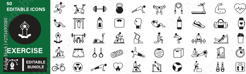 Photos 50 Exercise Vector Outline Icons Set – Fitness, Gym Workout, Yoga, Cardio, Stren
