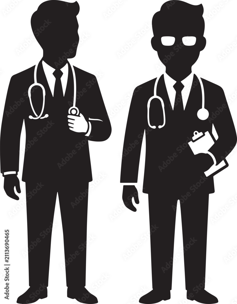 Fototapeta premium Black silhouette vector icons of two male doctors in suits with stethoscopes isolated on white background cartoon style, silhouette