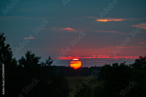 Red Sun During Dramatic Sunset Above Forest Horizon