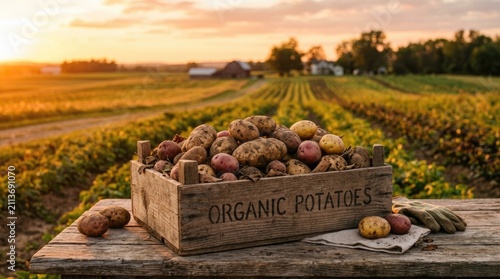 Organic potatoes in wooden crate on farm table, fresh harvest of raw vegetables at sunset, rustic agricultural landscape with golden hour lighting