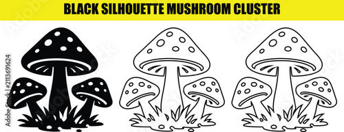 Foto Black silhouette mushroom cluster showing fly agaric fungus styles in solid and outline illustrations