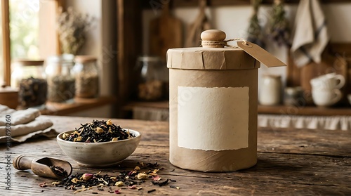 Eco friendly paper tube packaging for tea with blank label on rustic wooden table with loose blend.