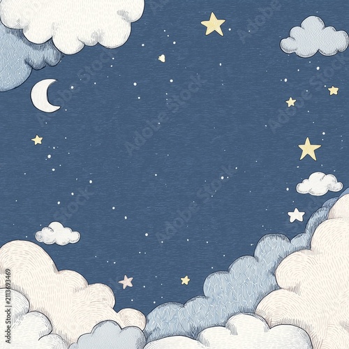 Cute night sky frame with clouds and stars