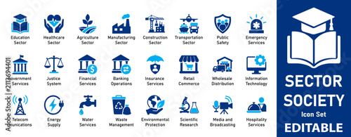 Society Sectors Icon Set. Education, Healthcare, Industry, Government, Finance, Logistics and Technology Symbols