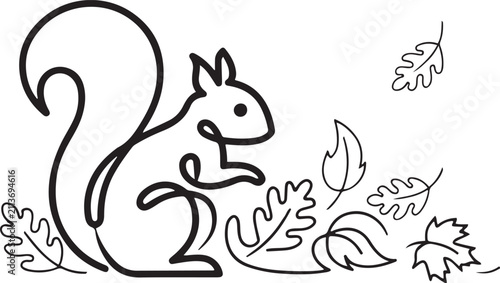 Obraz na plátně Minimalist One Line Squirrel Surrounded by Dry Autumn Leaves Continuous Line Art