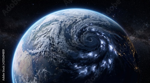 Planet Earth Hurricane Storm with Lightning Seen from Space Global Climate Change Concept