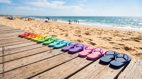 Colorful Rainbow Flip Flops Lined Up on Wooden Beach Boardwalk with Ocean View Summer Vacation
