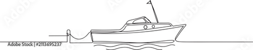 Continuous One Line Drawing of Moored Wooden Motorboat for River Travel and Marine Transportation. One Line Art Icon Drawing Vector