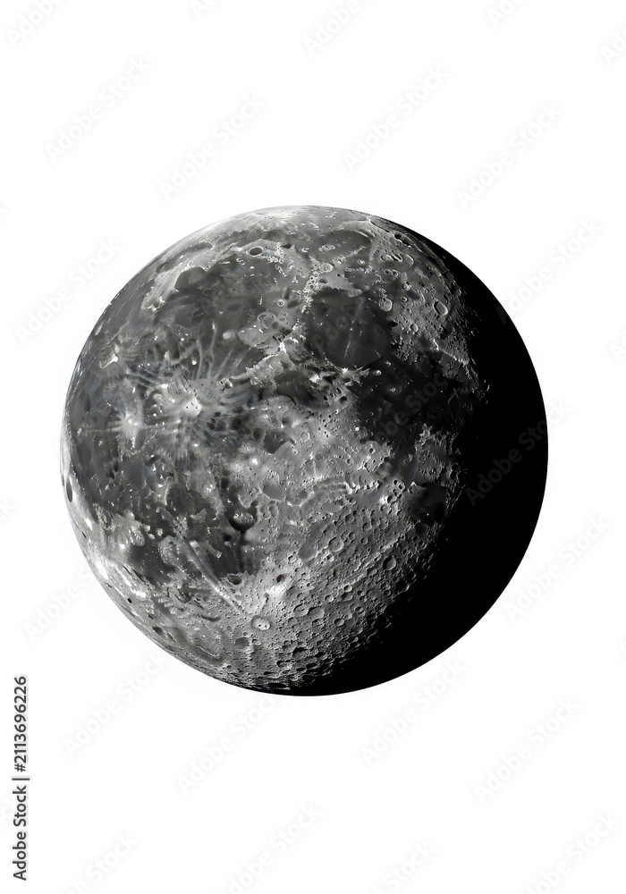 Naklejka premium Detailed Full Moon Surface with Craters and Lunar Maria Isolated on White Background for Science and Space Design