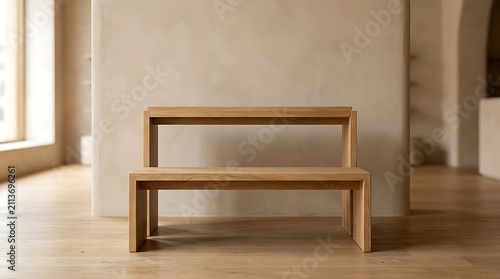 Minimalist wooden bench design furniture piece with two tiered shelves for modern home interior space.