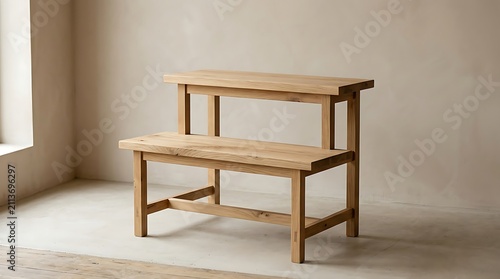 Rustic wooden step stool furniture piece with two levels for home utility and minimalist decor style.