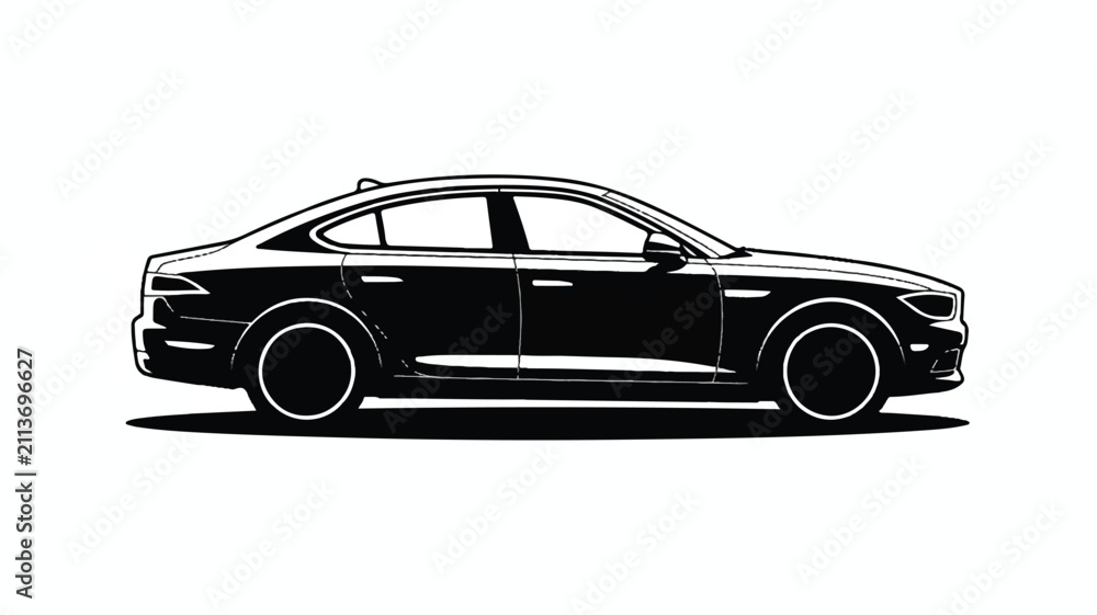 Fototapeta premium A black and white silhouette illustration of a modern luxury sedan car side view graphic design element