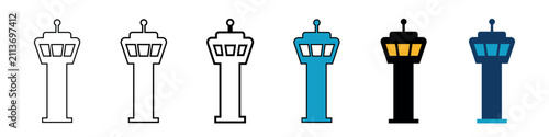 Control tower icon set, airport traffic and aviation building symbols