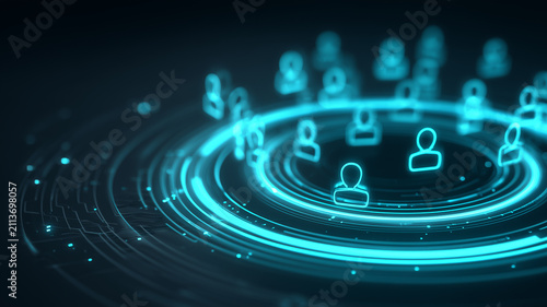 Digital user icons arranged around connected rings represent professional networking online communities and coordinated workforce communication.
